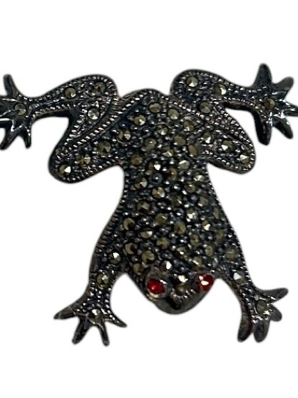 Vintage 925 Sterling marasite frog brooch red eyes marked in velvet bag 1 inch